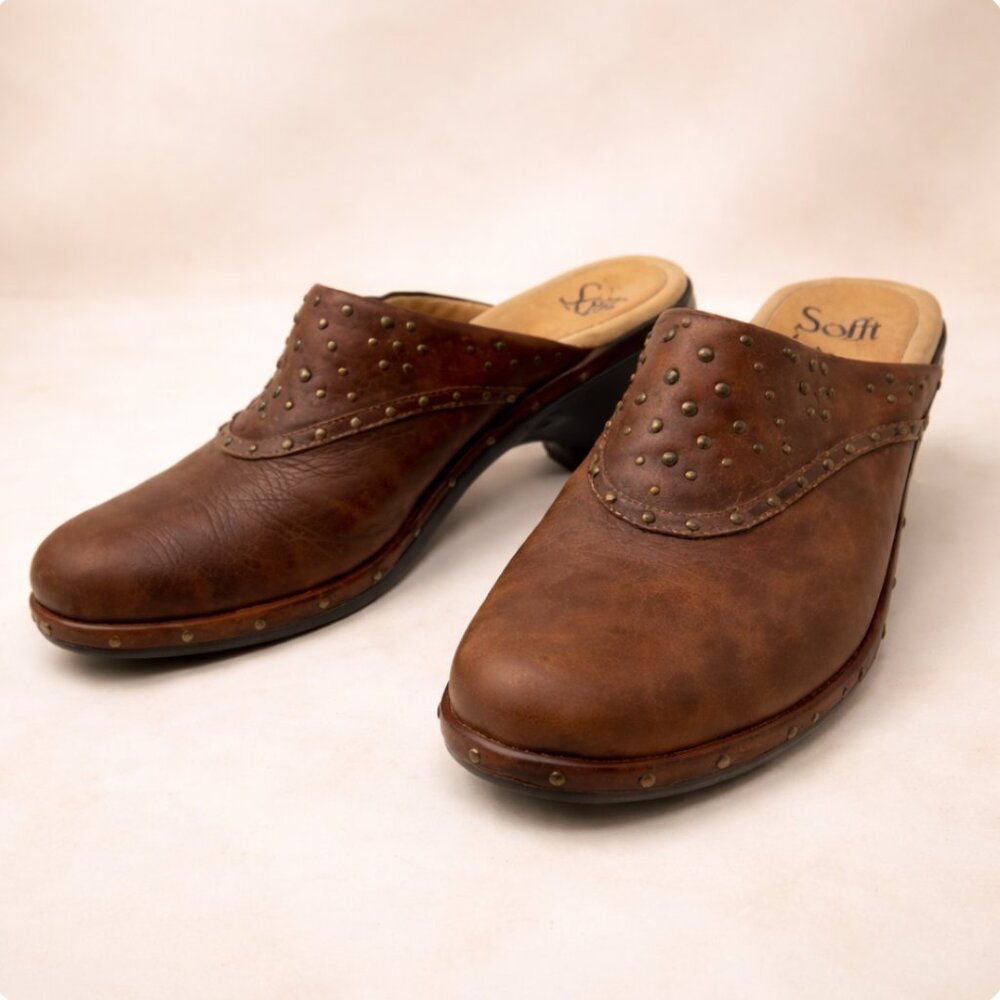 Vintage Sofft Brown Leather Studded Clogs | Boho Western Comfort Mules